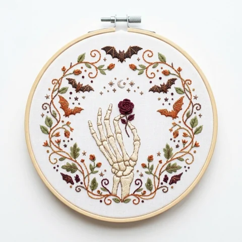 Skeleton Hand, Burgundy Rose and Bats hand embroidery design