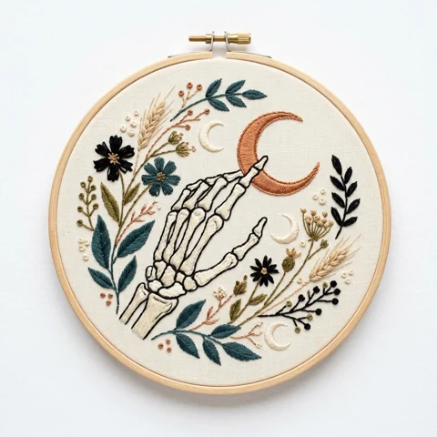 Skeleton Hand with Copper Crescent Three Ivory Crescents hand embroidery design