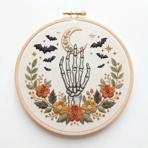 Skeleton Hand with Crescent Moon Bats and Autumn Florals hand embroidery design