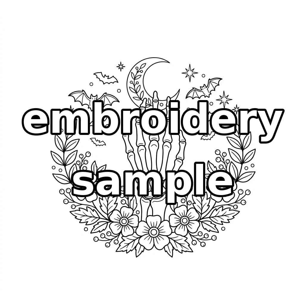 Watermarked Skeleton Hand with Crescent Moon Bats and Autumn Florals embroidery outline