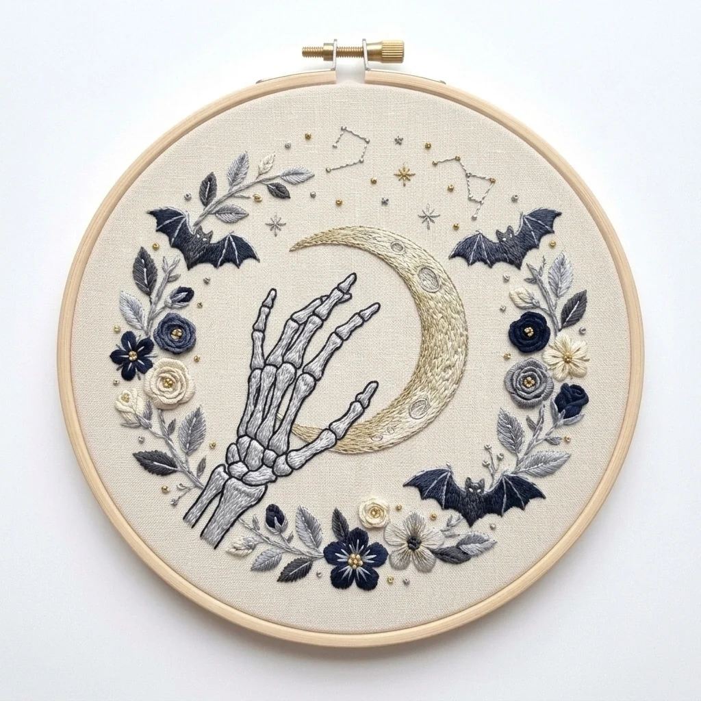 Skeleton Hand with Crescent Moon Bats and Midnight Florals colored hand embroidery design
