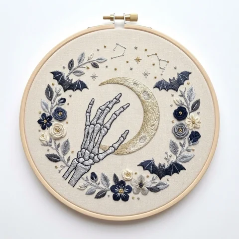 Skeleton Hand with Crescent Moon Bats and Midnight Florals hand embroidery design