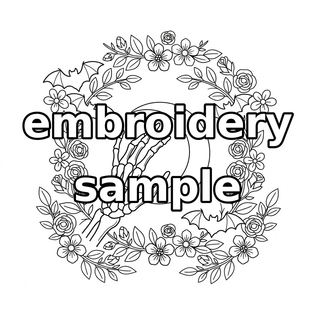 Watermarked Skeleton Hand with Crescent Moon Bats and Midnight Florals embroidery outline