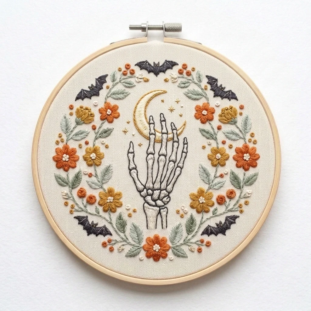 Skeleton Hand with Crescent Moon Five Bats and Autumn Florals colored hand embroidery design