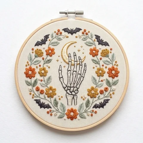 Skeleton Hand with Crescent Moon Five Bats and Autumn Florals hand embroidery design