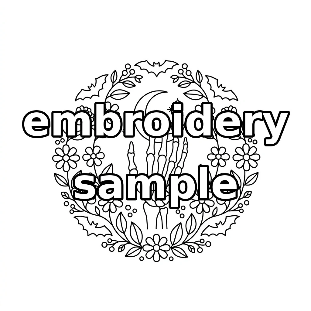 Watermarked Skeleton Hand with Crescent Moon Five Bats and Autumn Florals embroidery outline