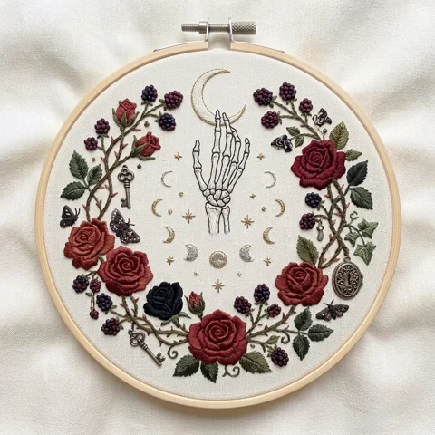 Skeleton Hand with Crescent Moon Roses Blackberries Keys and Moth hand embroidery design