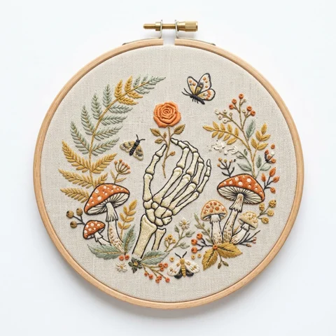 Skeleton Hand with Five Woodland Mushrooms Rose Moths and Botanical hand embroidery design