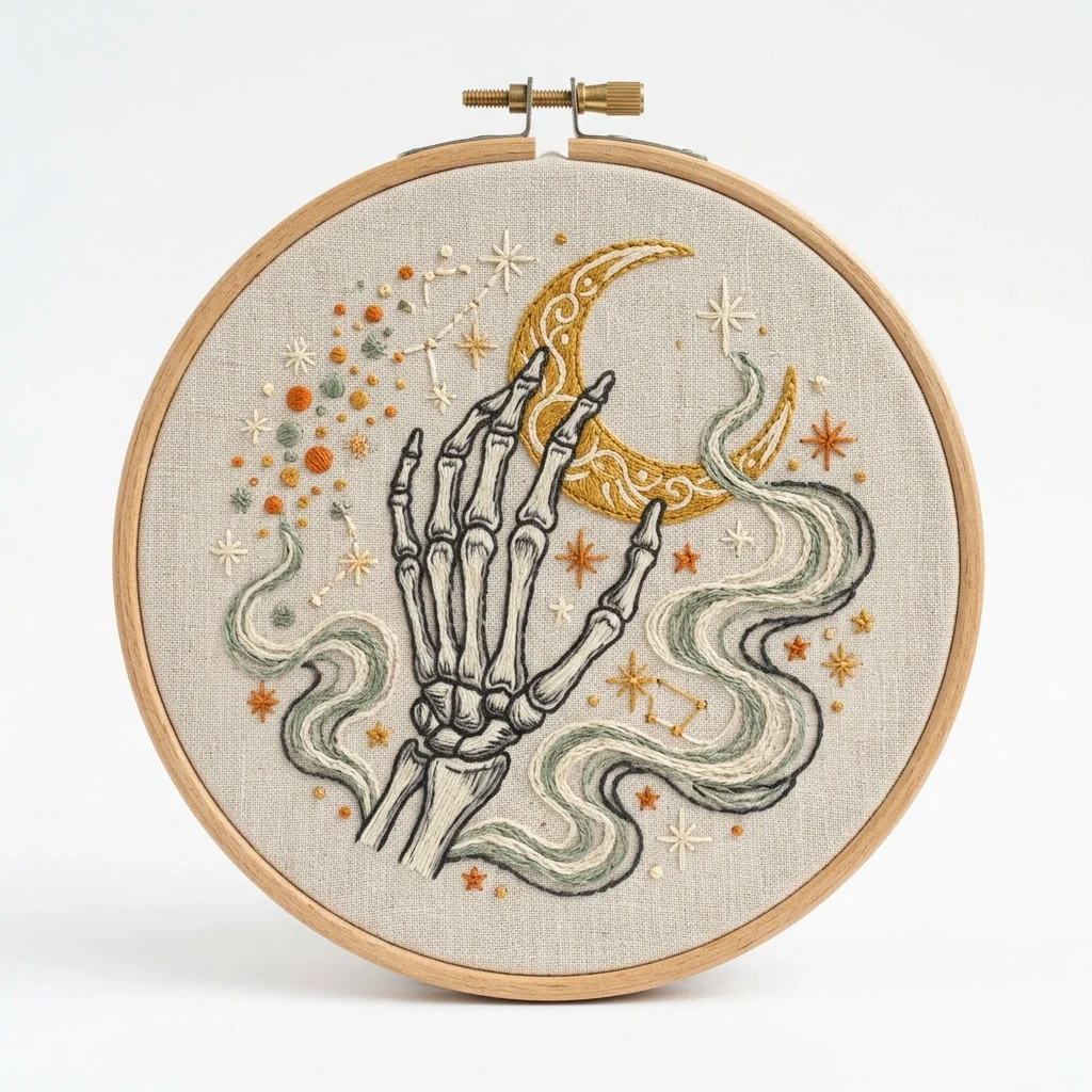 Skeleton Hand with Golden Crescent Sage Smoke and Celestial Stars colored hand embroidery design