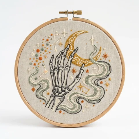 Skeleton Hand with Golden Crescent Sage Smoke and Celestial Stars hand embroidery design