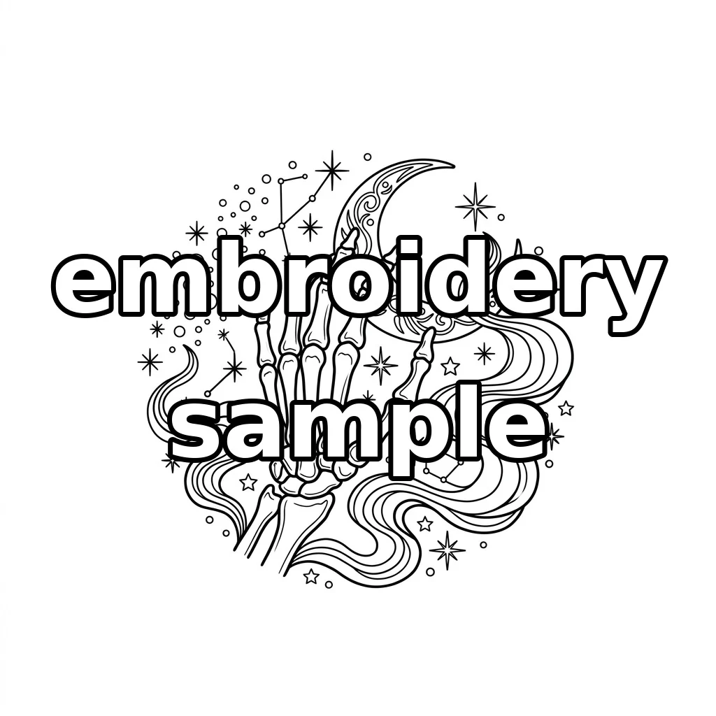 Watermarked Skeleton Hand with Golden Crescent Sage Smoke and Celestial Stars embroidery outline
