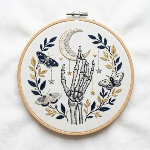 Skeleton Hand with Golden Crescent Three Moths and Celestial hand embroidery design