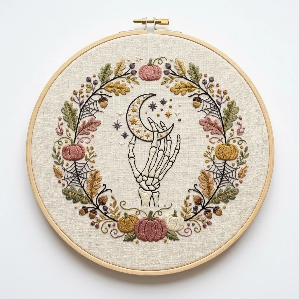 Skeleton Hand with Ivory Crescent Five Pumpkins and Autumn Spiderweb colored hand embroidery design
