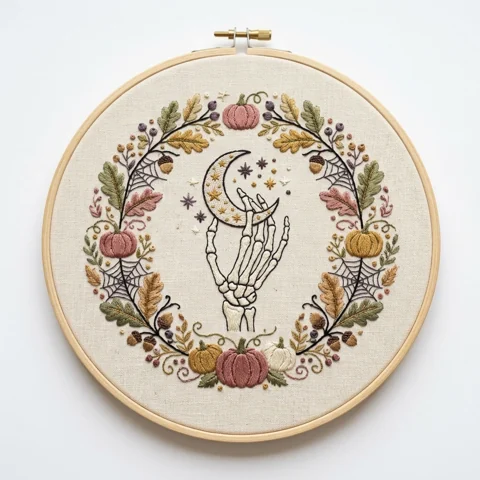 Skeleton Hand with Ivory Crescent Five Pumpkins and Autumn Spiderweb hand embroidery design