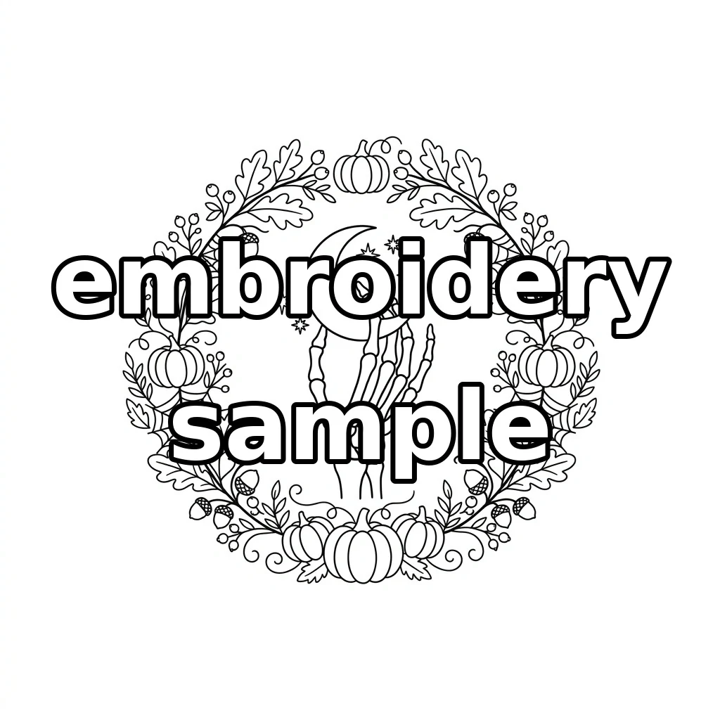 Watermarked Skeleton Hand with Ivory Crescent Five Pumpkins and Autumn Spiderweb embroidery outline