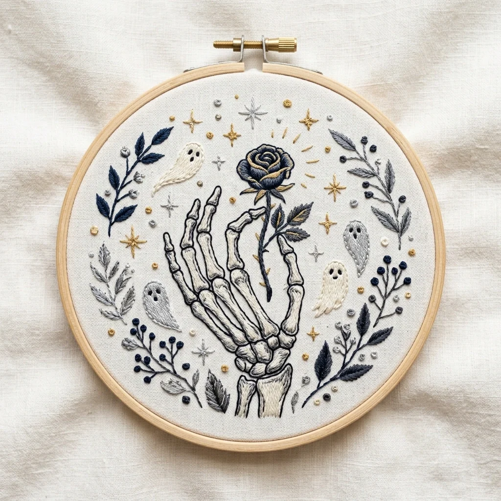 Skeleton Hand with Midnight Rose Four Ghosts and Celestial Botanical colored hand embroidery design