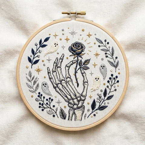Skeleton Hand with Midnight Rose Four Ghosts and Celestial Botanical hand embroidery design