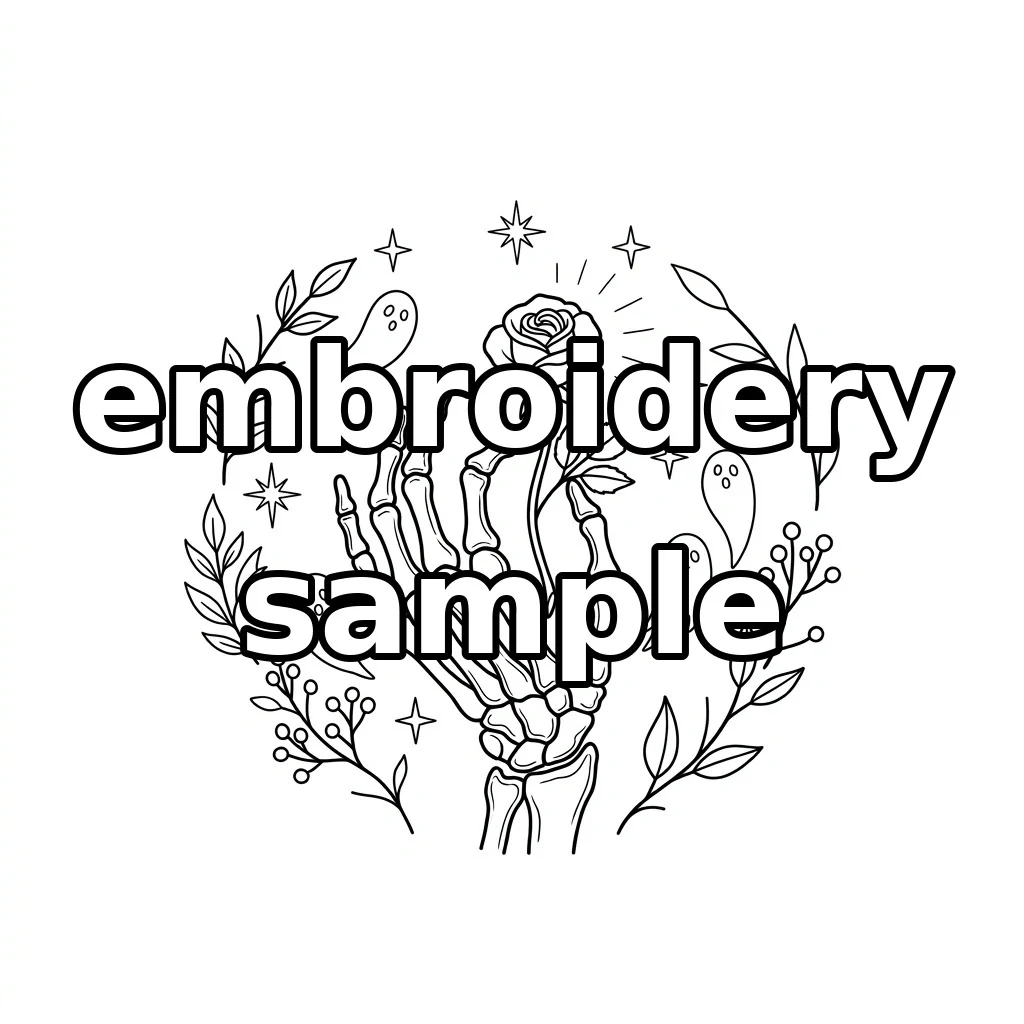 Watermarked Skeleton Hand with Midnight Rose Four Ghosts and Celestial Botanical embroidery outline