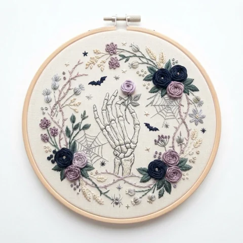 Skeleton Hand with Midnight Roses Twin Spiderwebs and Botanical Wreath hand embroidery design