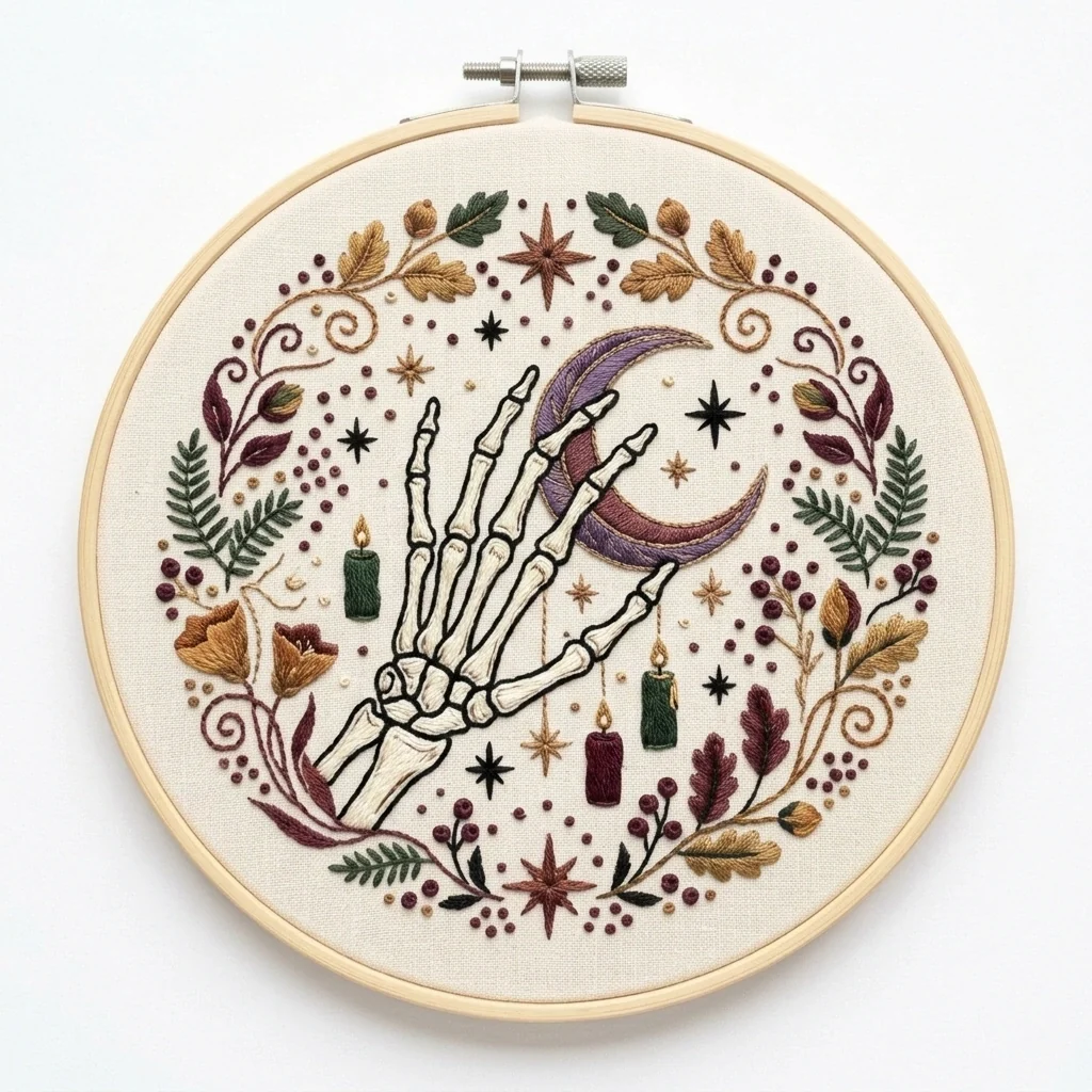 Skeleton Hand, Purple Crescent and Autumn Candles colored hand embroidery design