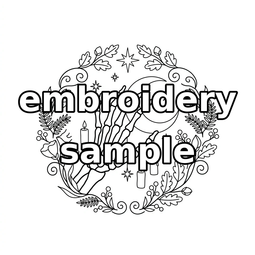Watermarked Skeleton Hand, Purple Crescent and Autumn Candles embroidery outline