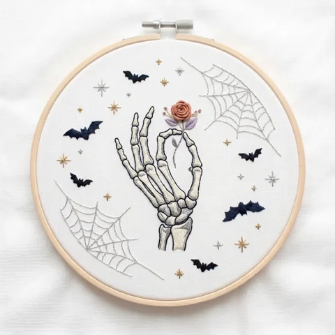 Skeleton Hand with Rust Rose Twin Spiderwebs Bats and Celestial Stars hand embroidery design