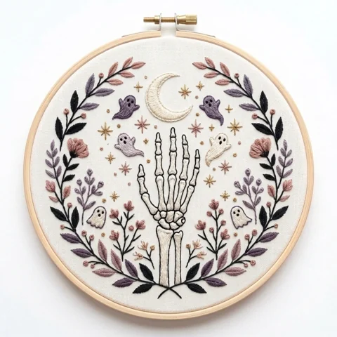 Skeleton Hand with Six Ghosts Ivory Crescent and Autumn Botanical hand embroidery design