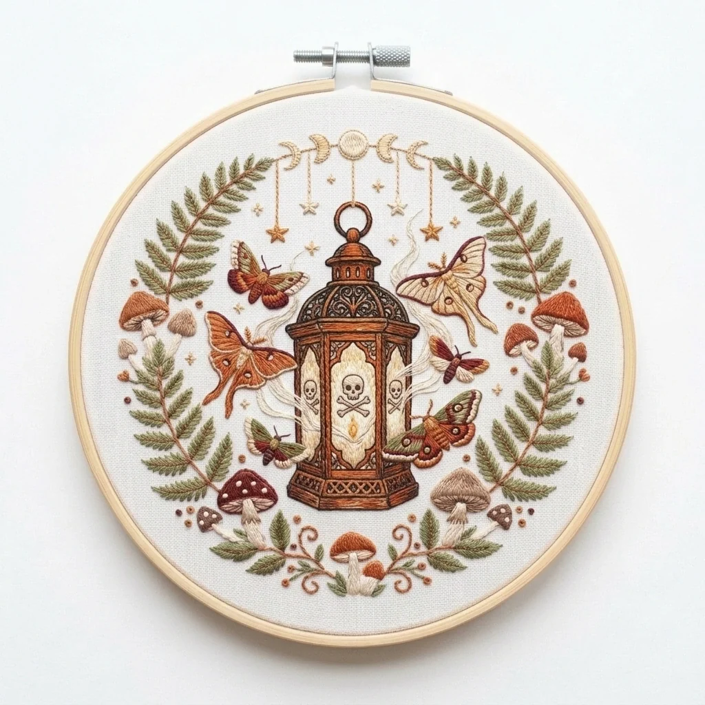 Skull Lantern with Moths Mushrooms Fern Wreath and Moon Phases colored hand embroidery design