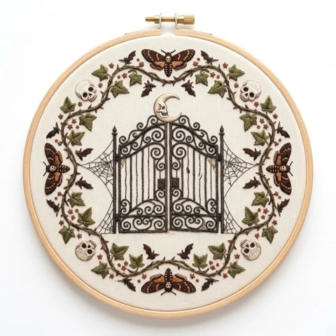 Skull Moon Gate Moths Ivy Wreath hand embroidery design