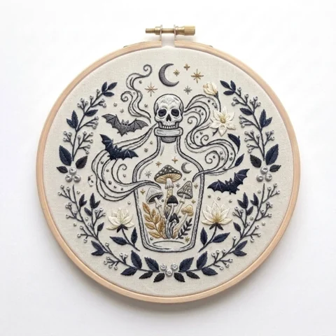 Skull-Topped Apothecary Bottle and Woodland Moon hand embroidery design