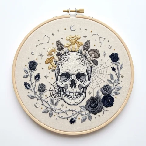 Skull with Mushroom Crown Black Roses Spider Webs and Celestial Wreath hand embroidery design