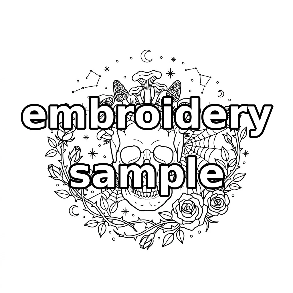 Watermarked Skull with Mushroom Crown Black Roses Spider Webs and Celestial Wreath embroidery outline