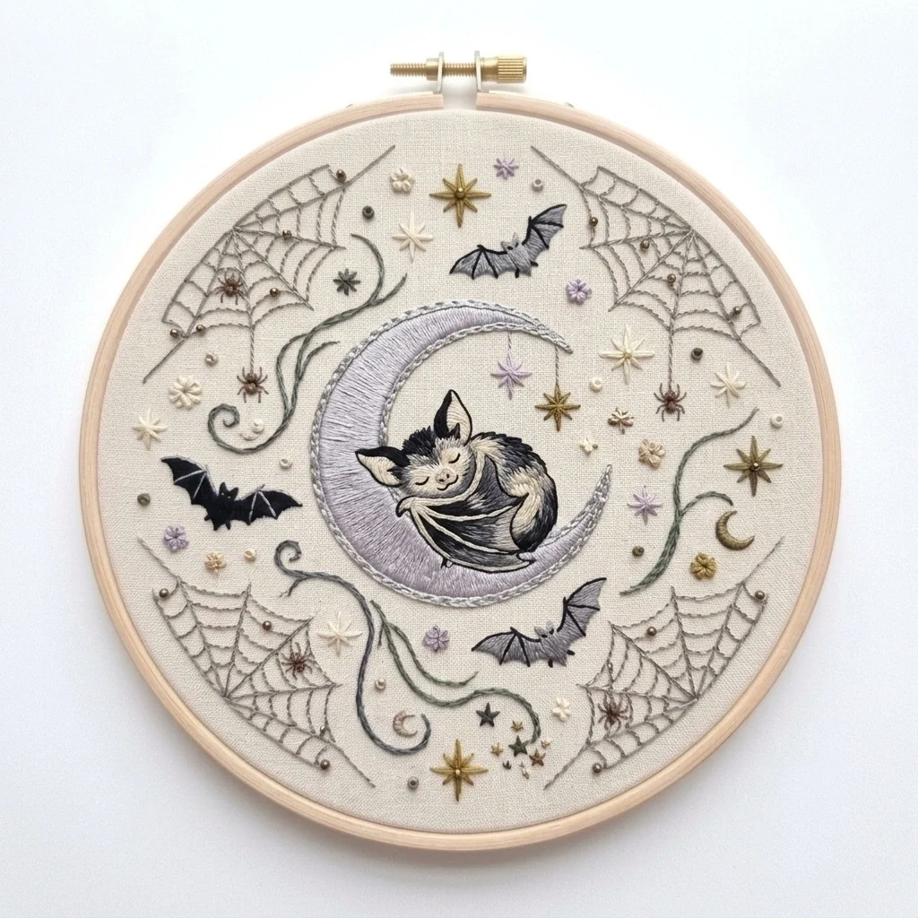 Sleeping Bat Cat Moon Spider Wreath colored hand embroidery design