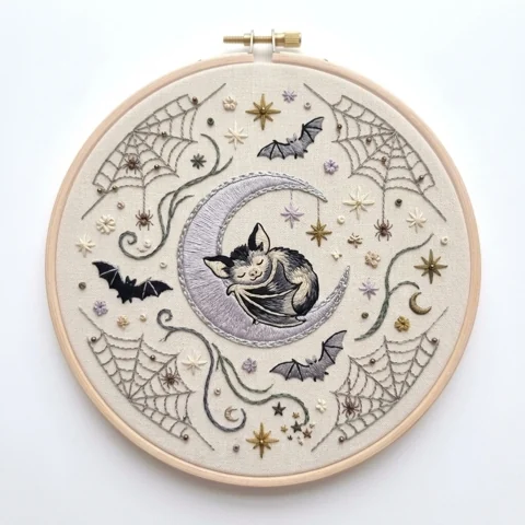 Sleeping Bat Cat Moon Spider Wreath hand embroidery design