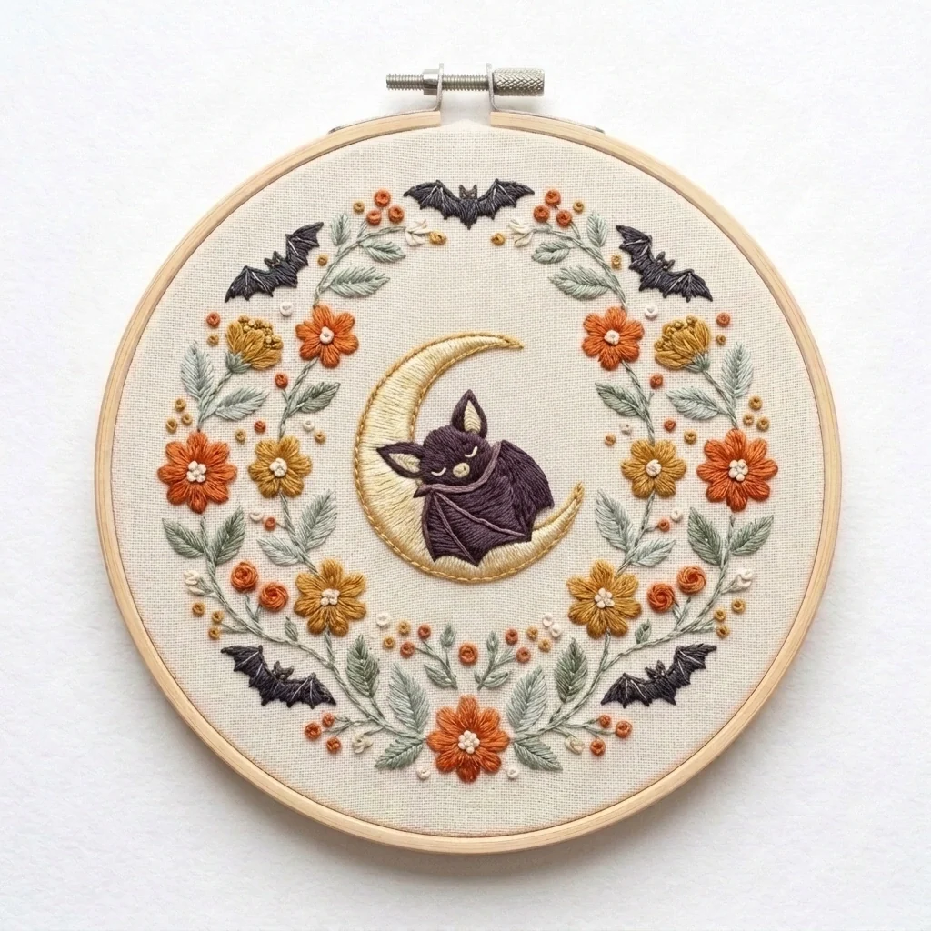 Sleeping Bat Crescent Autumn Floral Wreath colored hand embroidery design