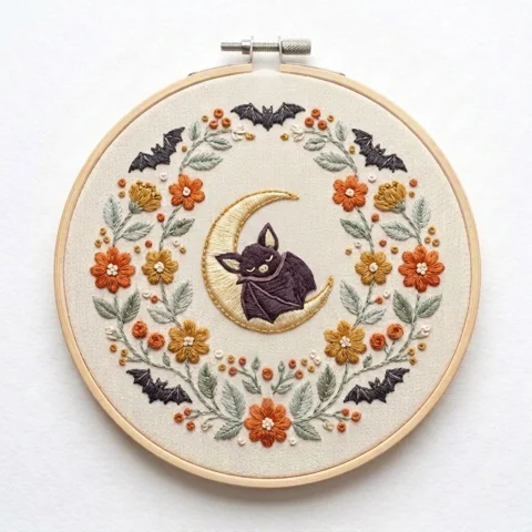 Sleeping Bat Crescent Autumn Floral Wreath hand embroidery design