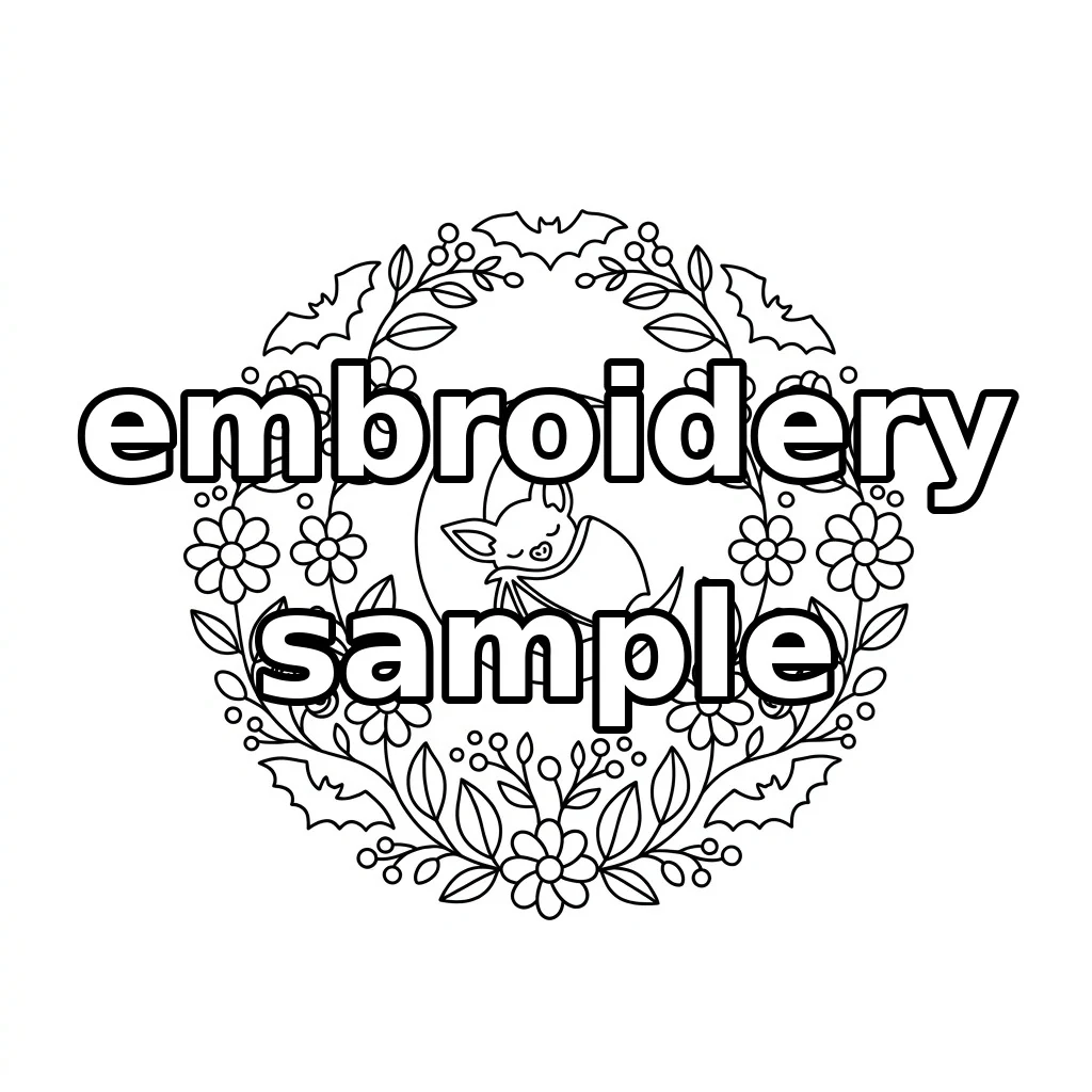Watermarked Sleeping Bat Crescent Autumn Floral Wreath embroidery outline