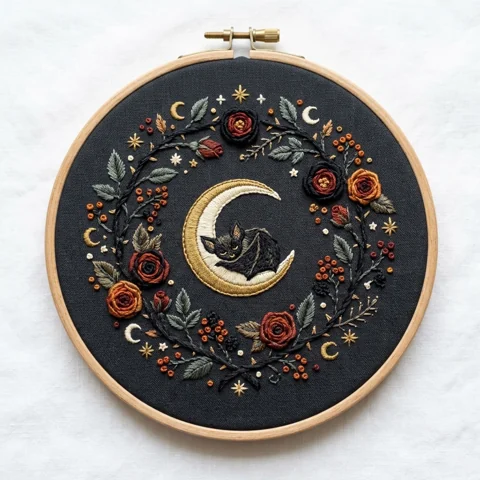 Sleeping Bat Crescent Autumn Rose Wreath hand embroidery design