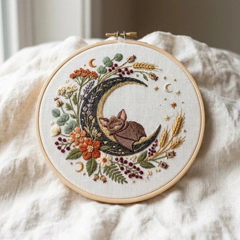 Sleeping Bat on Crescent Moon with Autumn Wildflowers Berries hand embroidery design