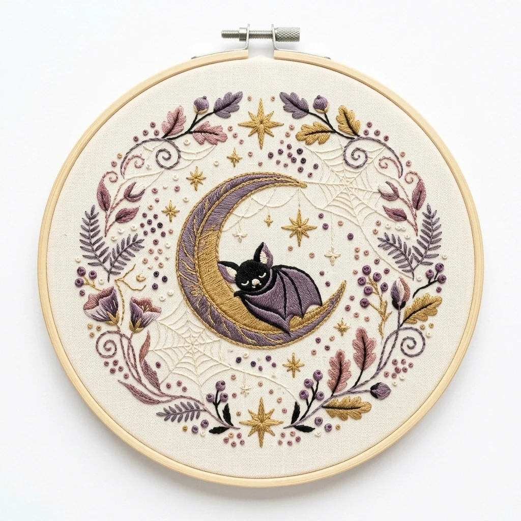 Sleeping Bat Winged Black Cat on Gold Crescent with Spiderwebs