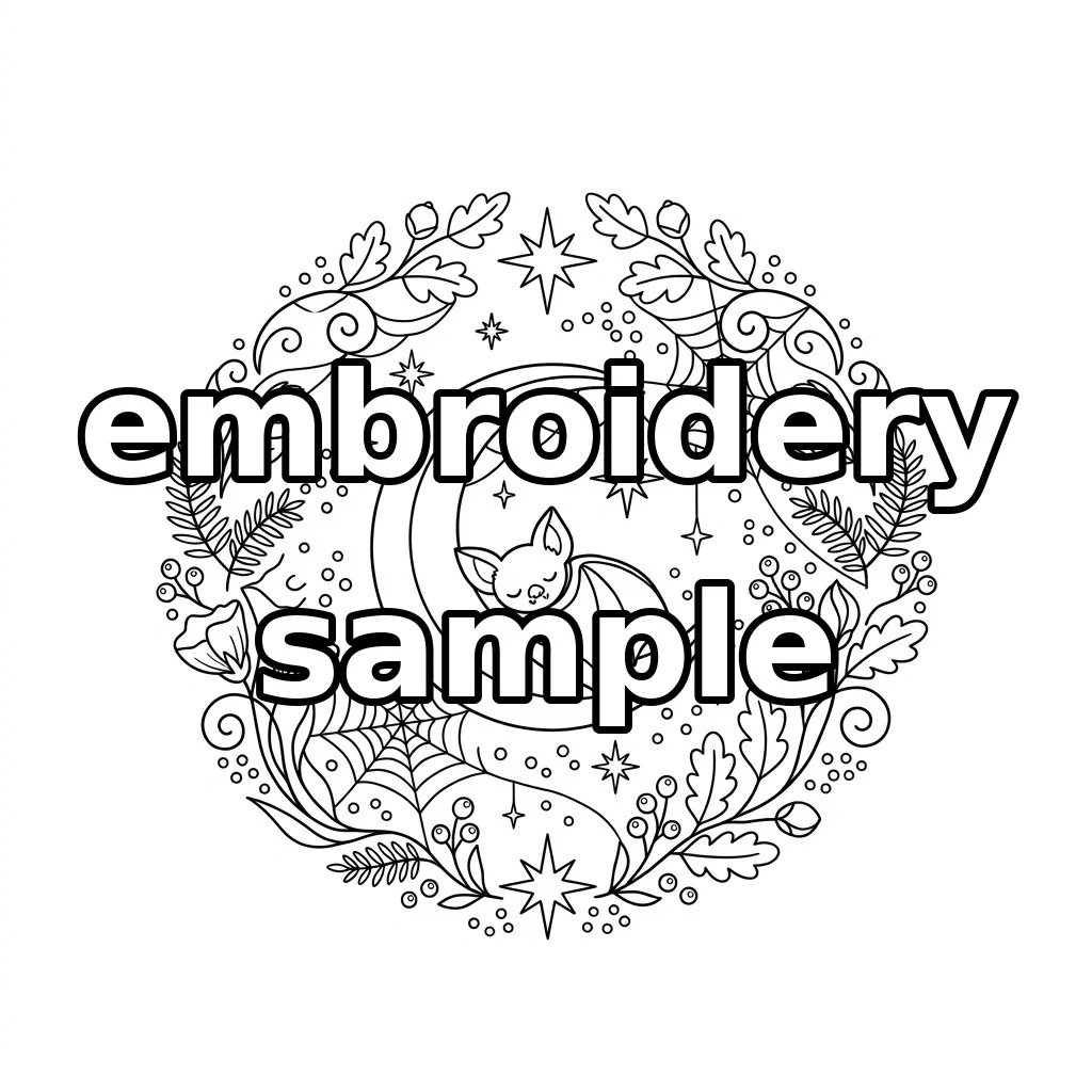 Watermarked Sleeping Bat Winged Black Cat on Gold Crescent with Spiderwebs embroidery outline