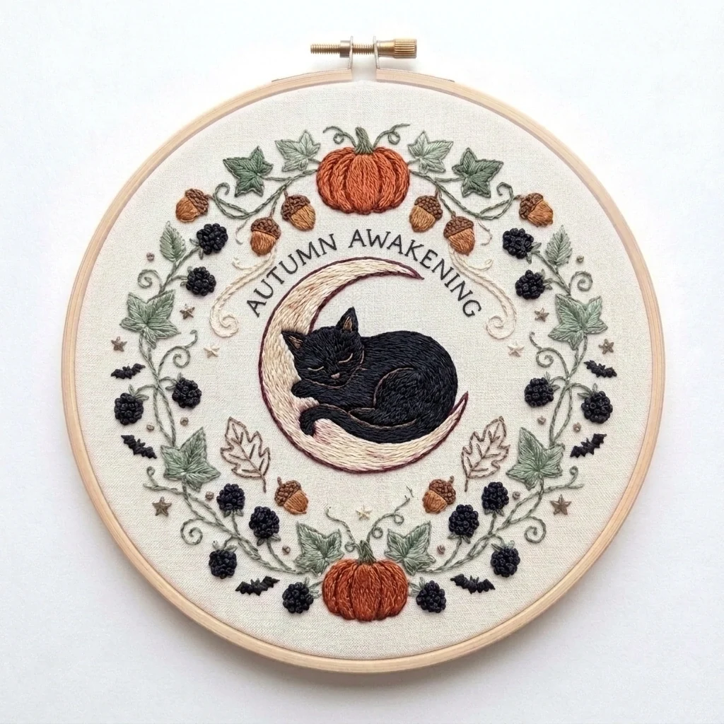 Sleeping Black Cat colored hand embroidery design