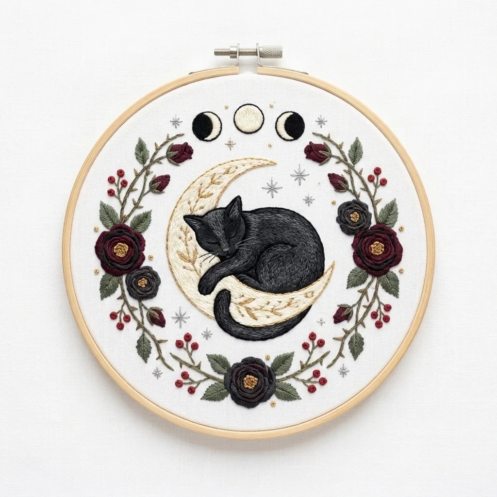 Sleeping Black Cat 2 colored hand embroidery design