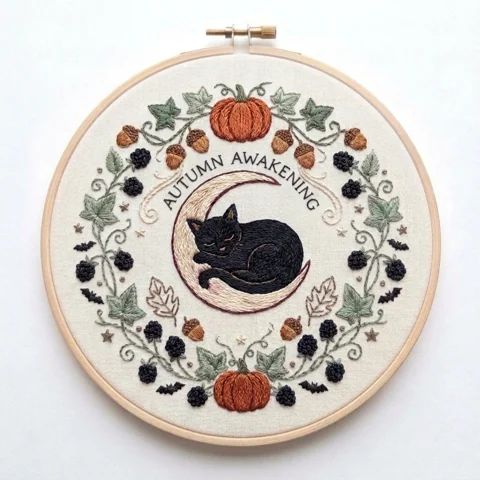 Sleeping Black Cat hand embroidery design
