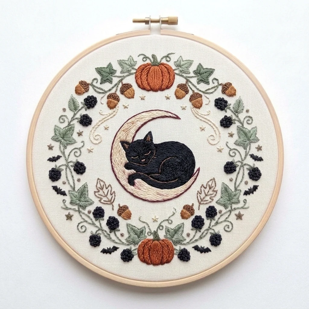 Sleeping Black Cat Crescent Moon Autumn Wreath colored hand embroidery design