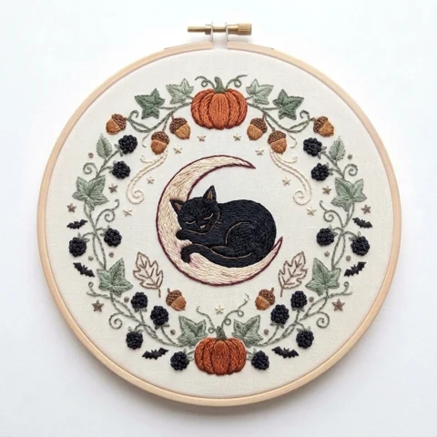 Sleeping Black Cat Crescent Moon Autumn Wreath hand embroidery design