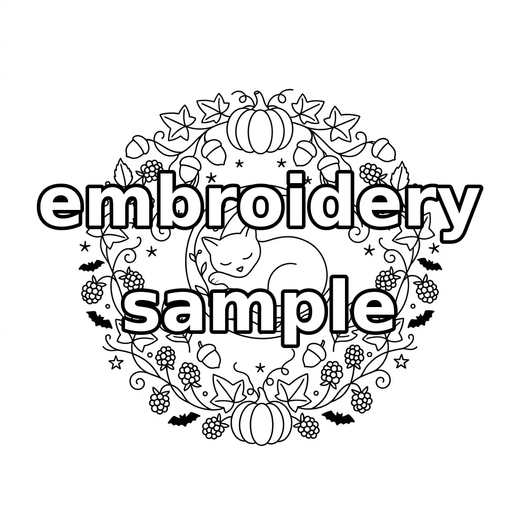 Watermarked Sleeping Black Cat Crescent Moon Autumn Wreath embroidery outline