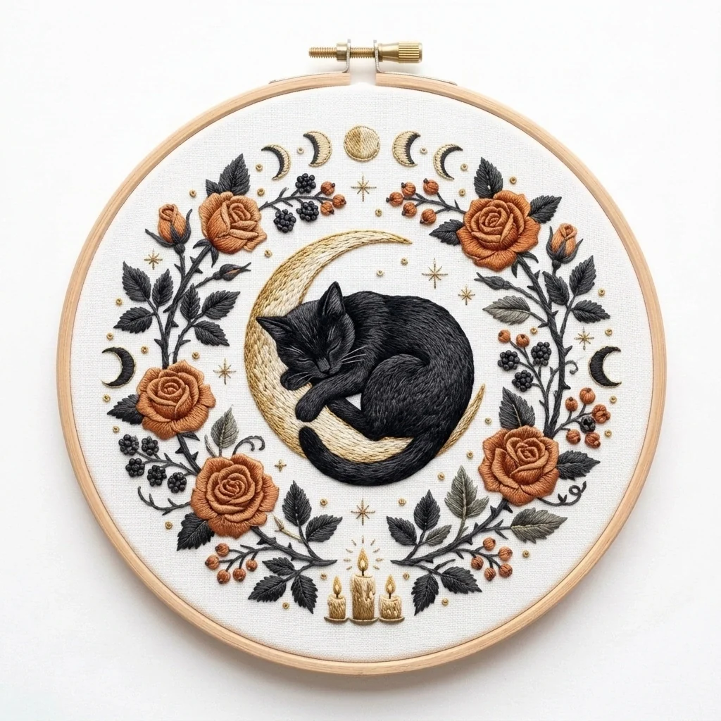 Sleeping Black Cat Crescent Moon Copper Rose Wreath colored hand embroidery design