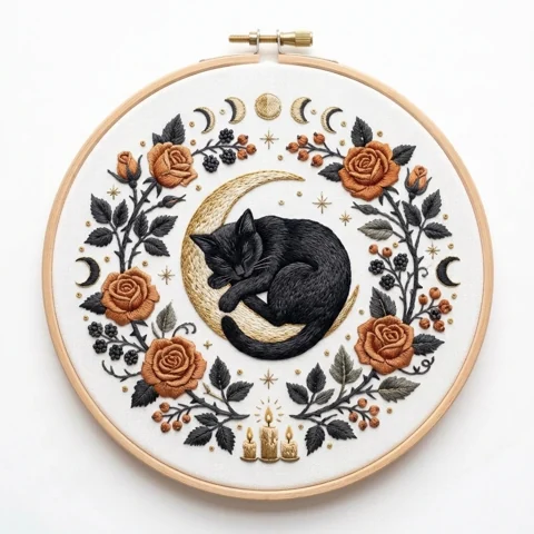 Sleeping Black Cat Crescent Moon Copper Rose Wreath hand embroidery design