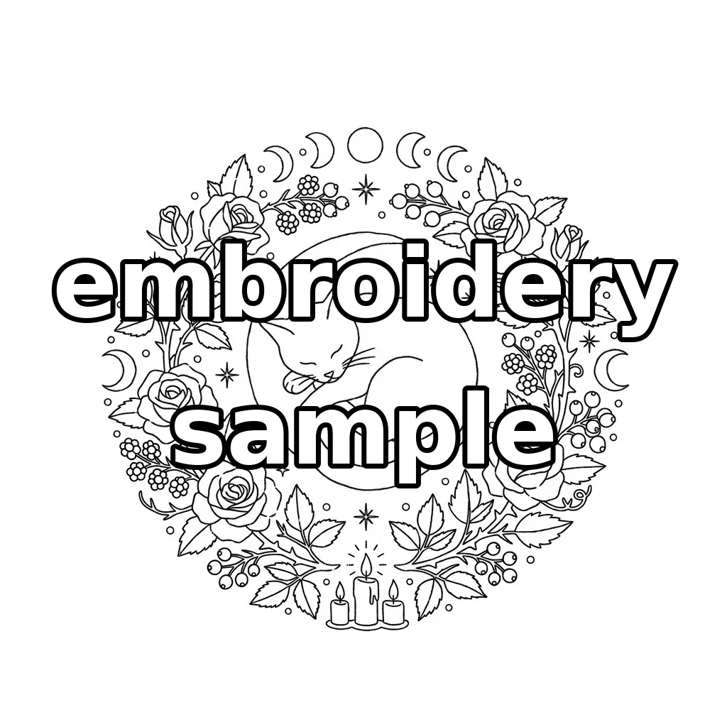 Watermarked Sleeping Black Cat Crescent Moon Copper Rose Wreath embroidery outline